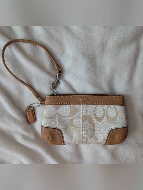 Coach Handbags - Coach Beige & Cream Signature Mini Wristlet